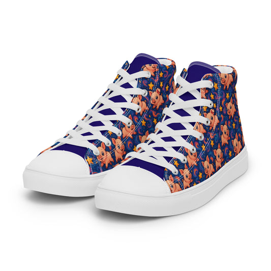 High-top sneakers with a blue and orange pattern on a white background