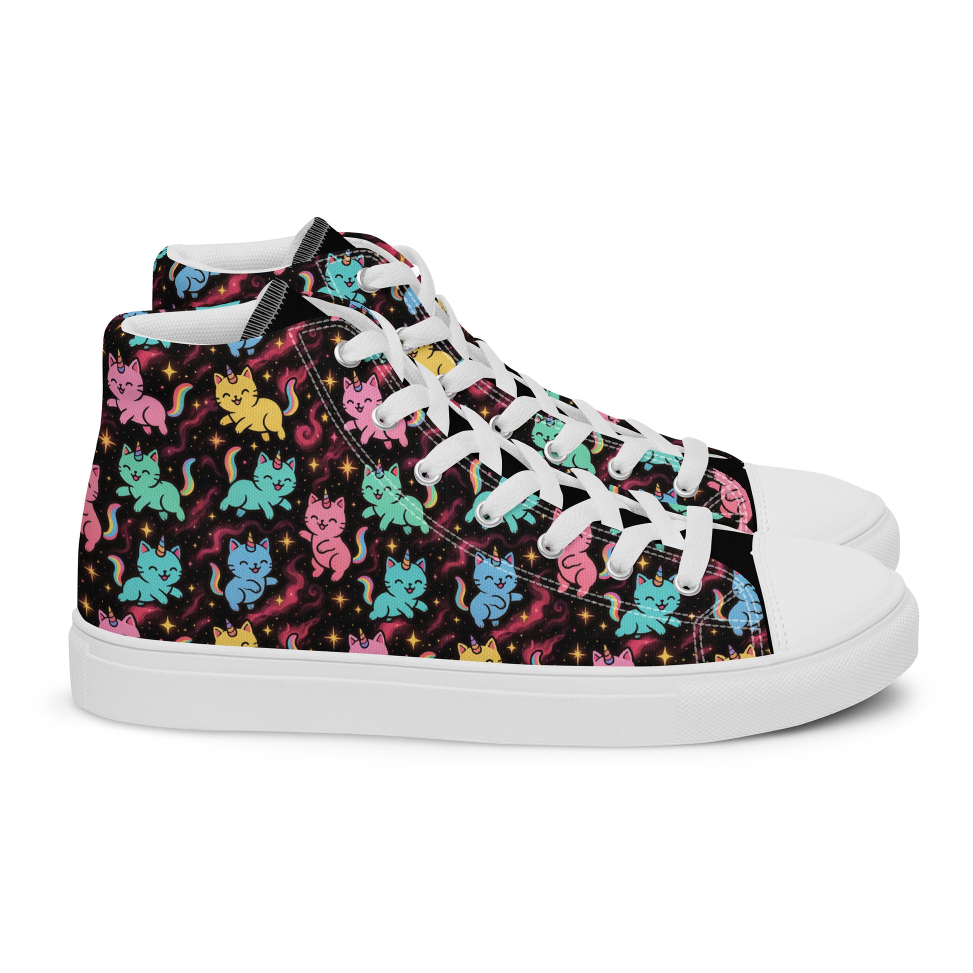 High-top sneakers with colorful cat and unicorn pattern on a black background