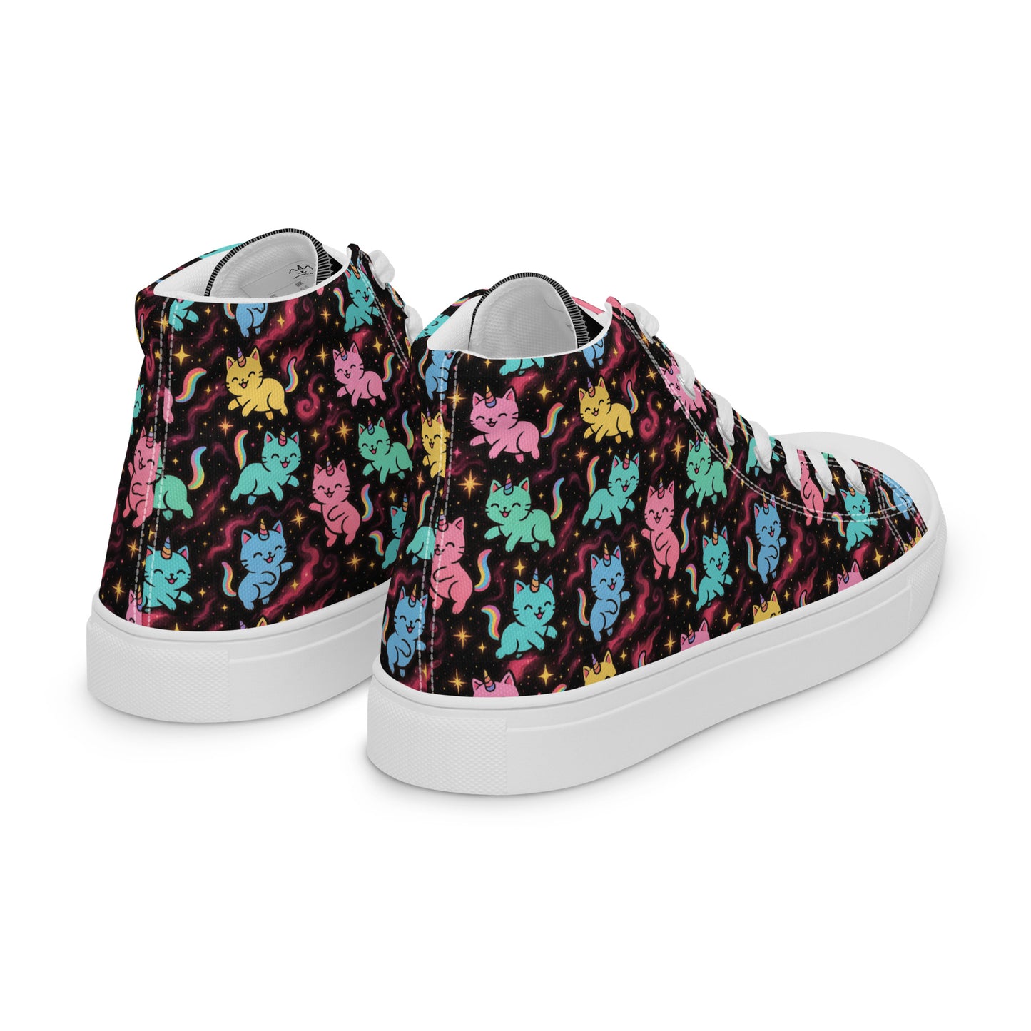 High-top sneakers with colorful cat pattern on a black background