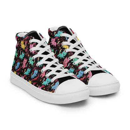 High-top sneakers with colorful cat pattern on a white background