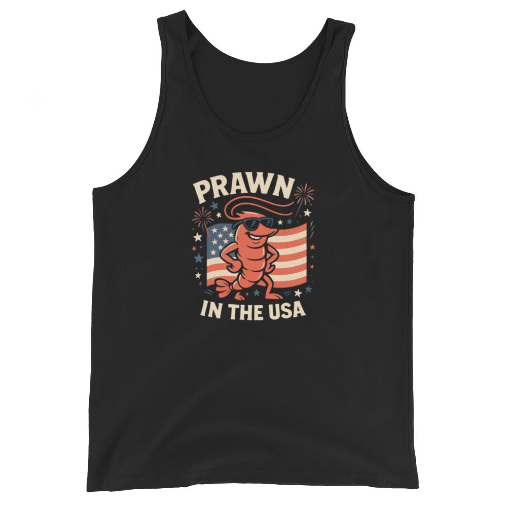 Black tank top with a prawn graphic and 'Prawn in the USA' text on a white background