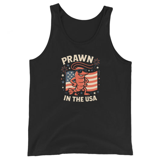 Black tank top with a prawn graphic and 'Prawn in the USA' text on a white background