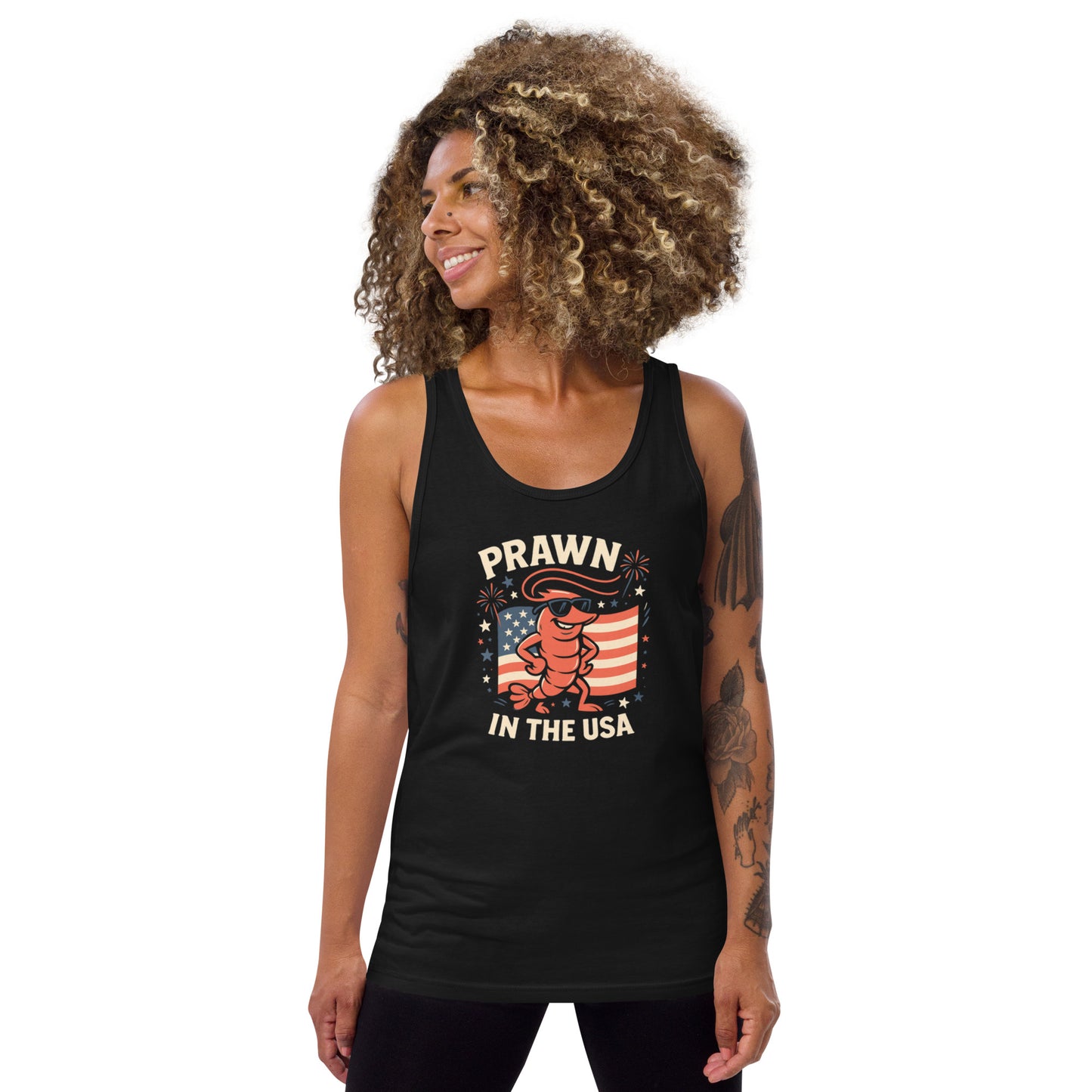 Woman wearing a black tank top with 'Prawn in the USA' graphic design on a white background
