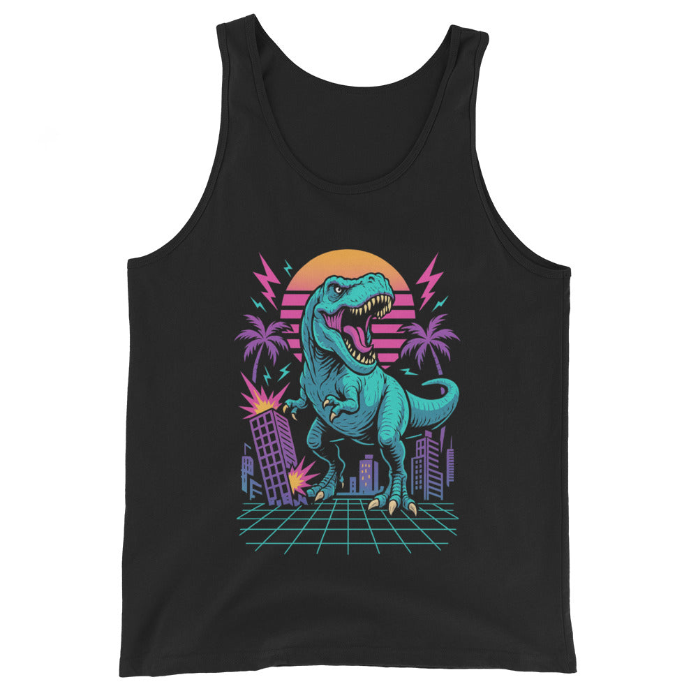 Black tank top with a colorful dinosaur graphic on a white background