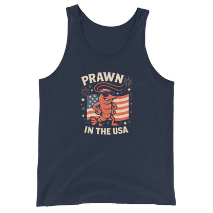Navy tank top with 'Prawn in the USA' graphic design on a white background