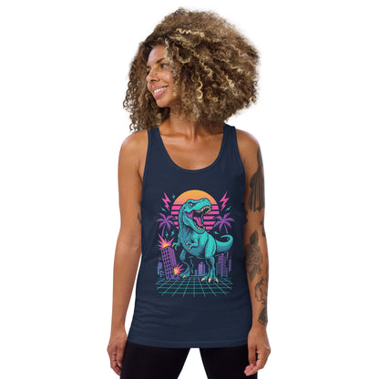 Woman wearing a tank top with a dinosaur graphic design on a white background