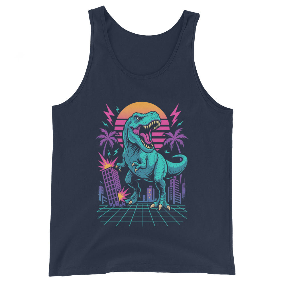 Navy tank top with a dinosaur graphic design on a white background