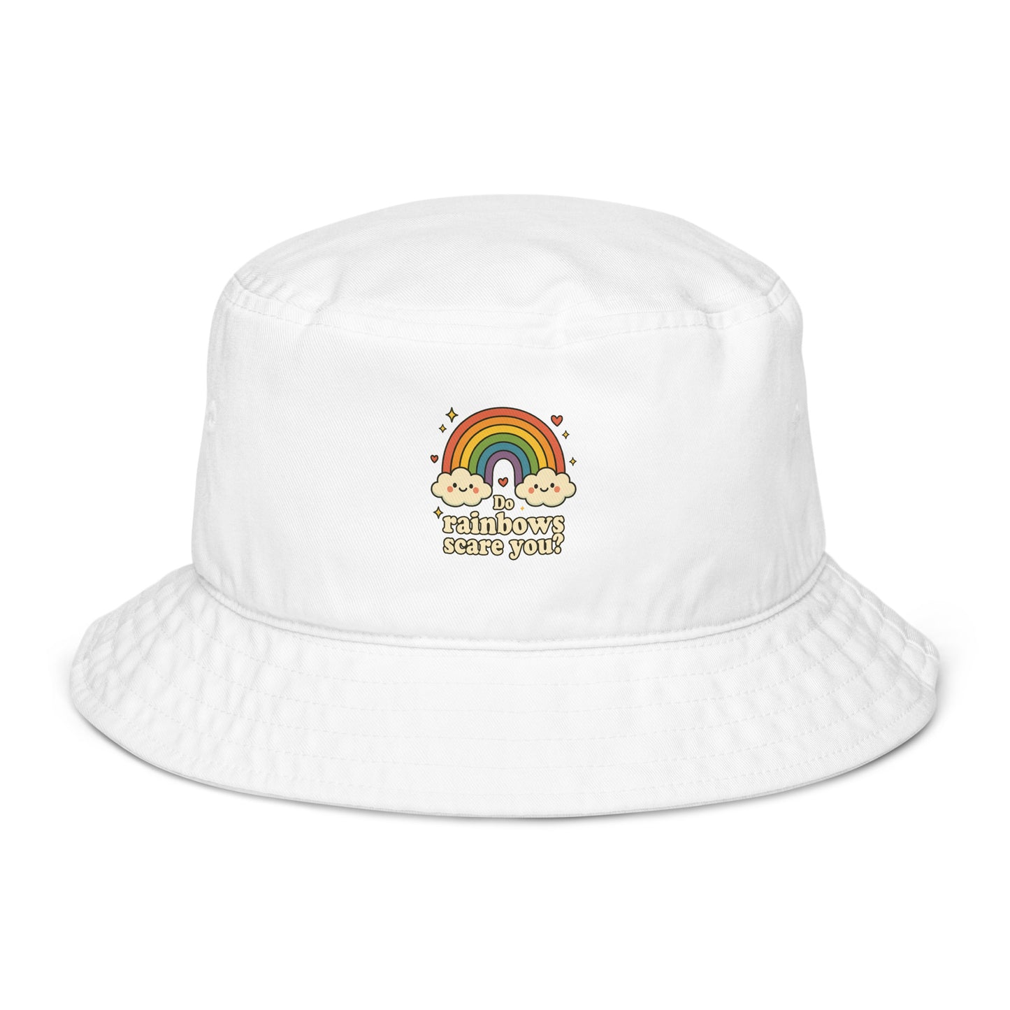 White bucket hat with rainbow and cloud design on a white background
