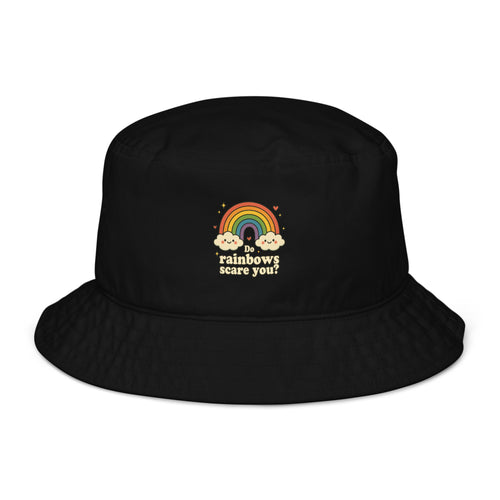 Black bucket hat with rainbow and cloud design on a white background