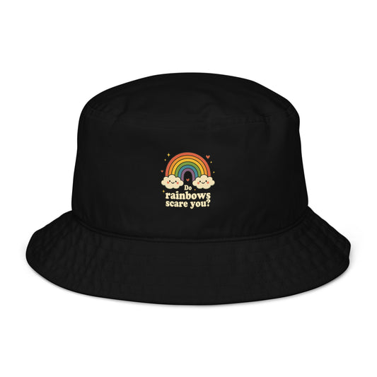 Black bucket hat with rainbow and cloud design on a white background