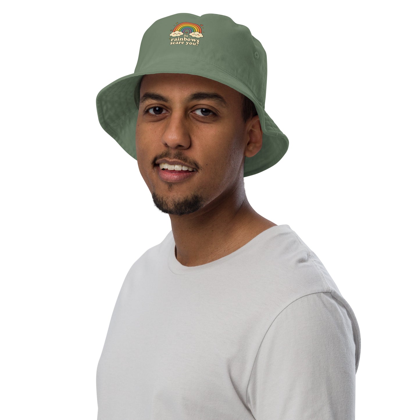 Man wearing a green bucket hat with a logo on a white background