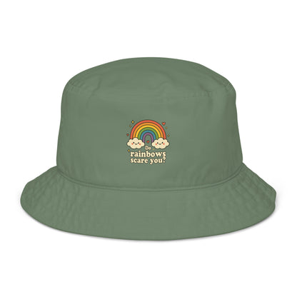 Green bucket hat with rainbow and cloud design on a white background
