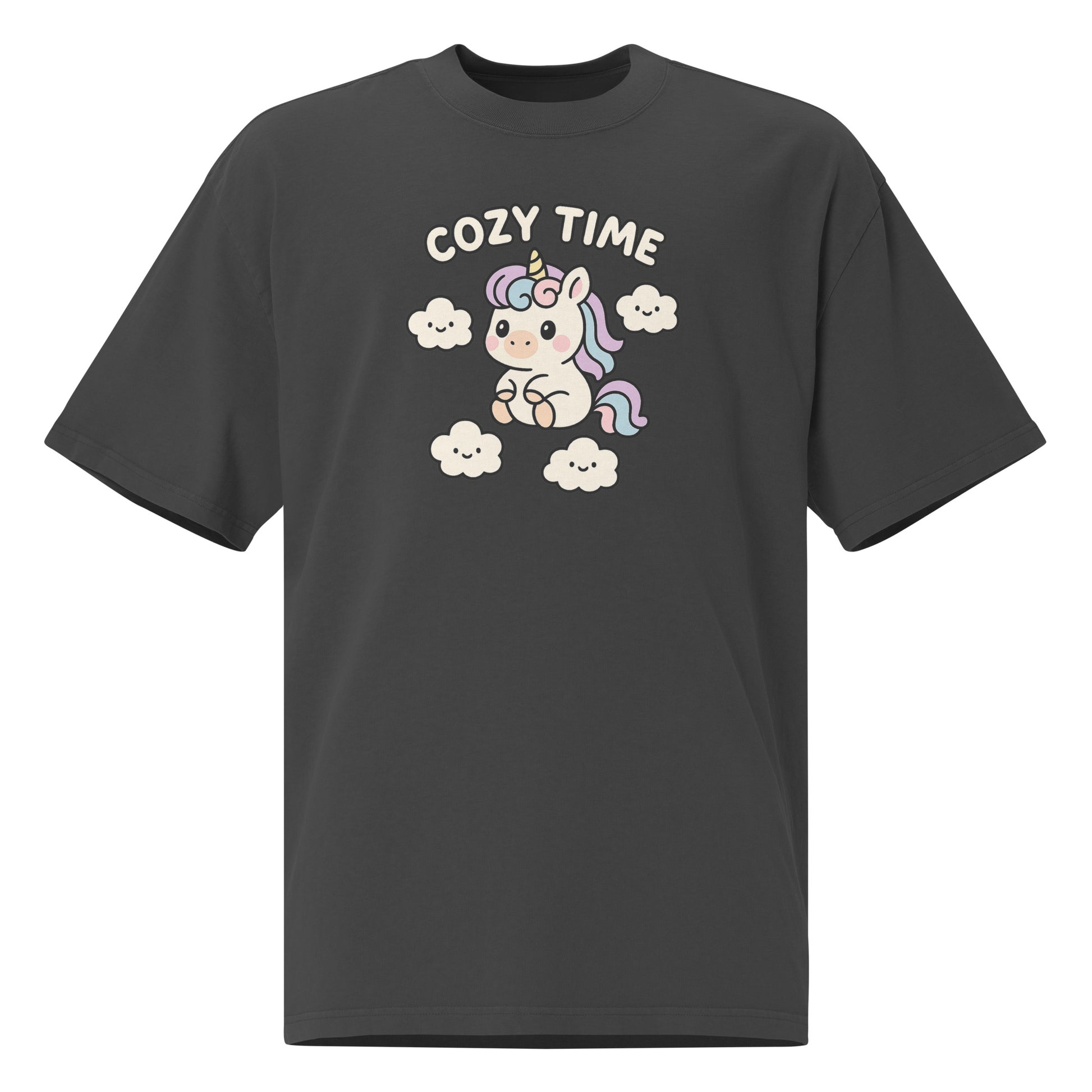 Dark grey t-shirt with a unicorn graphic and 'Cozy Time' text on a white background