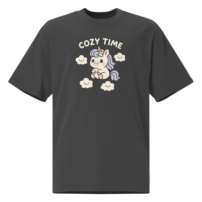 Dark grey t-shirt with a unicorn graphic and 'Cozy Time' text on a white background