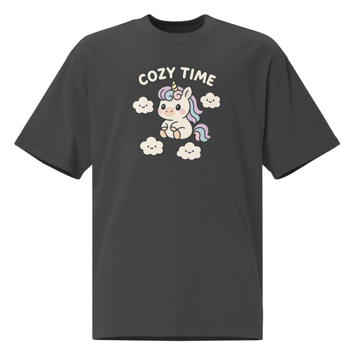Dark grey t-shirt with a unicorn graphic and 'Cozy Time' text on a white background