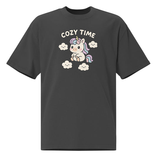 Dark grey t-shirt with a unicorn graphic and 'Cozy Time' text on a white background