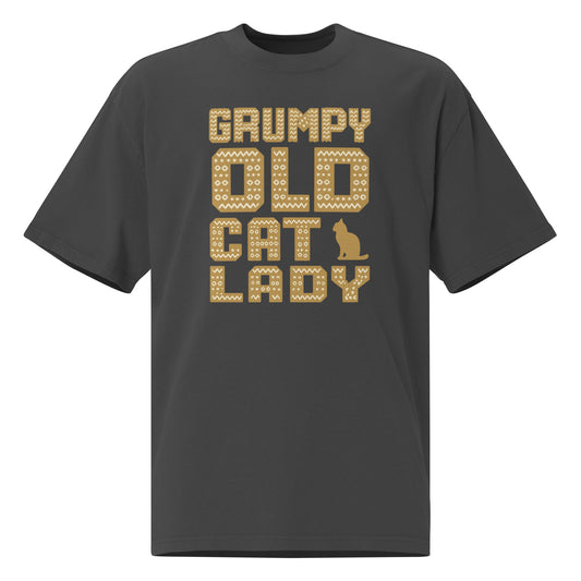 Black t-shirt with 'Grumpy Old Cat Lady' text in gold on a white background