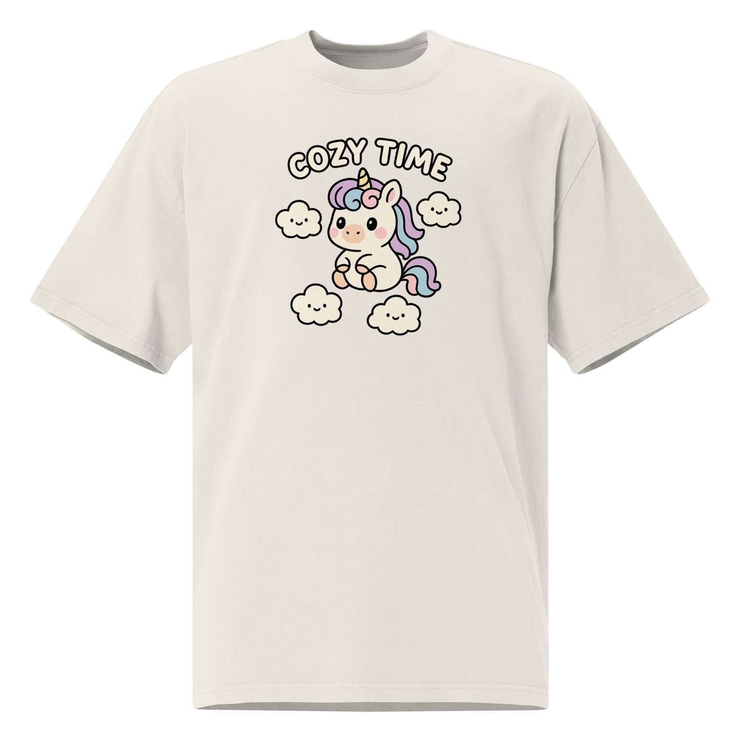 Beige t-shirt with a cartoon unicorn and 'Cozy Time' text on a white background