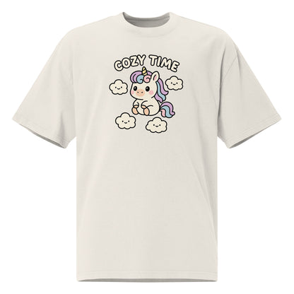 Beige t-shirt with a cartoon unicorn and 'Cozy Time' text on a white background