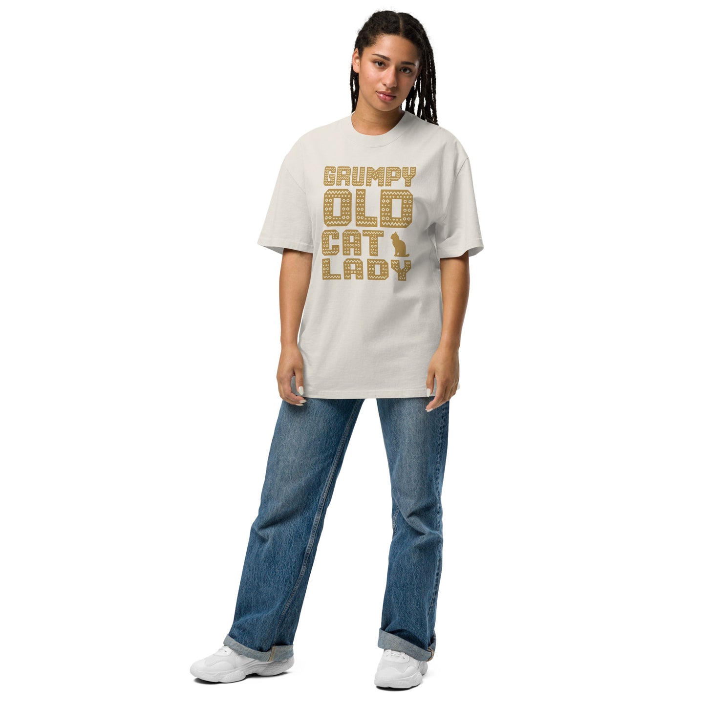 Person wearing a 'Grumpy Old Cat Lady' t-shirt on a white background