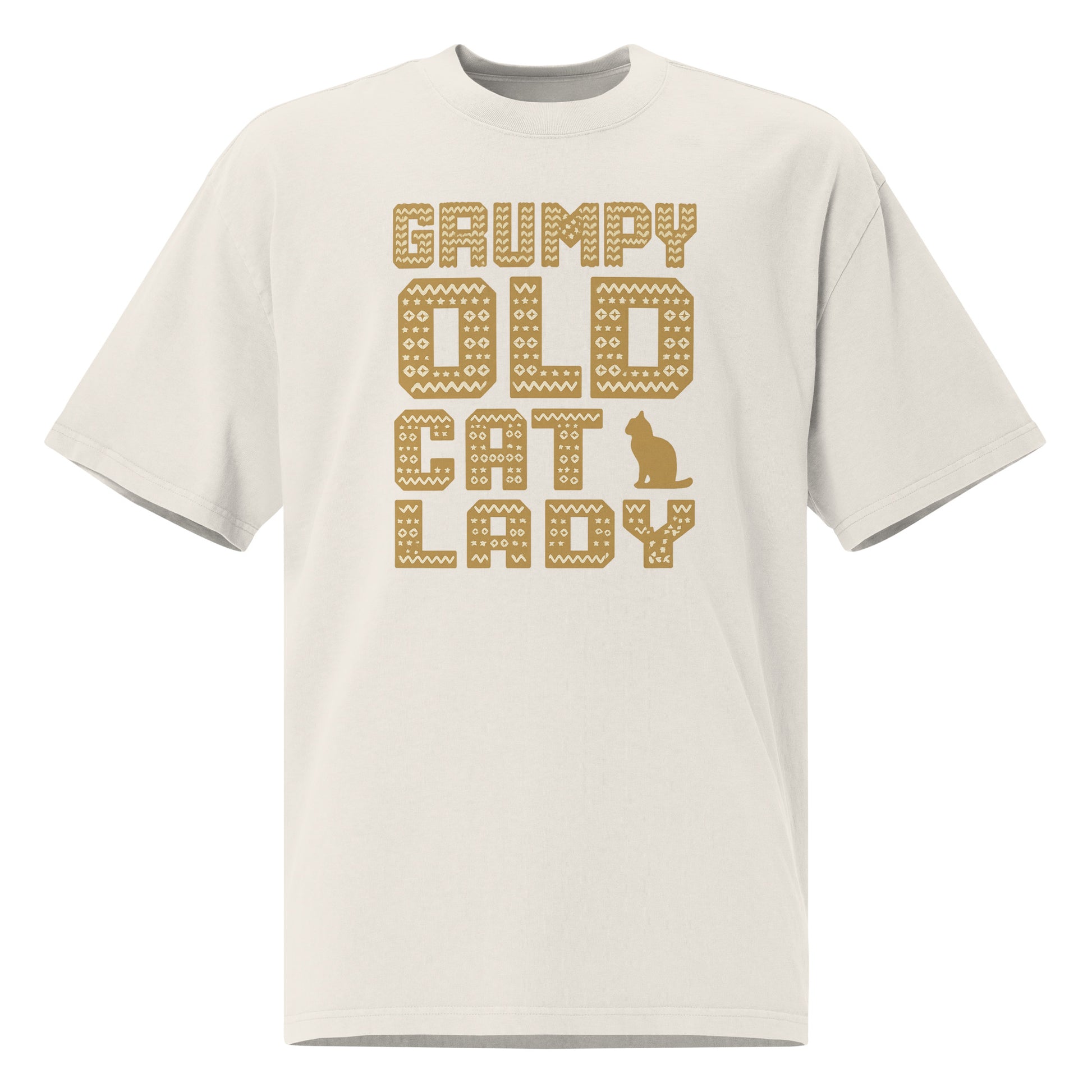 Beige t-shirt with 'Grumpy Old Cat Lady' text and a cat silhouette on a white background