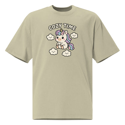 Beige t-shirt with a cartoon unicorn and 'Cozy Time' text on a white background
