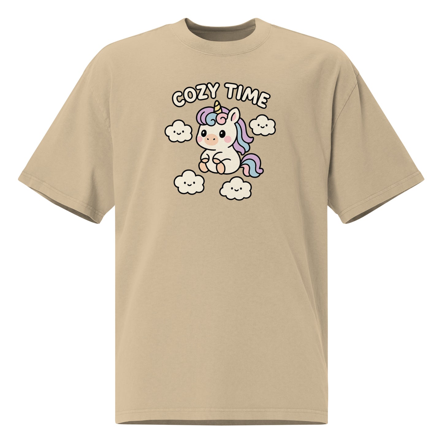 Beige t-shirt with a cartoon unicorn and 'Cozy Time' text on a white background