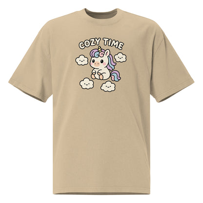 Beige t-shirt with a cartoon unicorn and 'Cozy Time' text on a white background