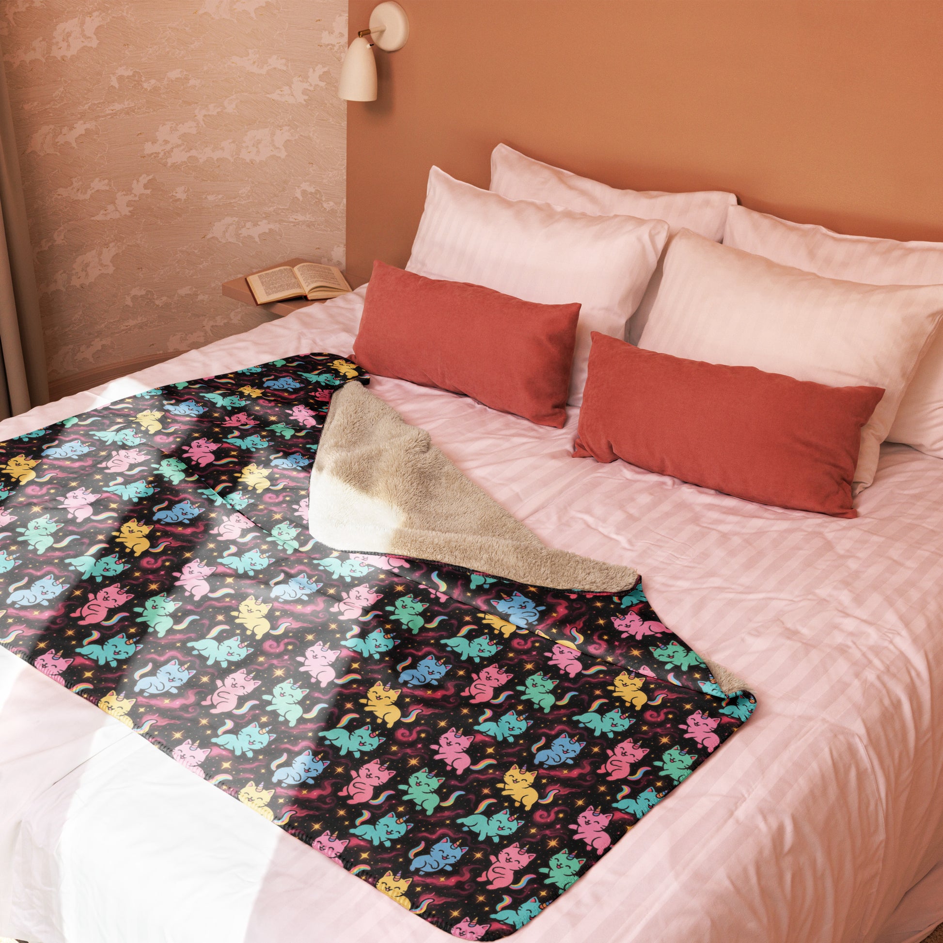 Bed with colorful blanket featuring cartoon characters, red pillows, and a beige towel.
