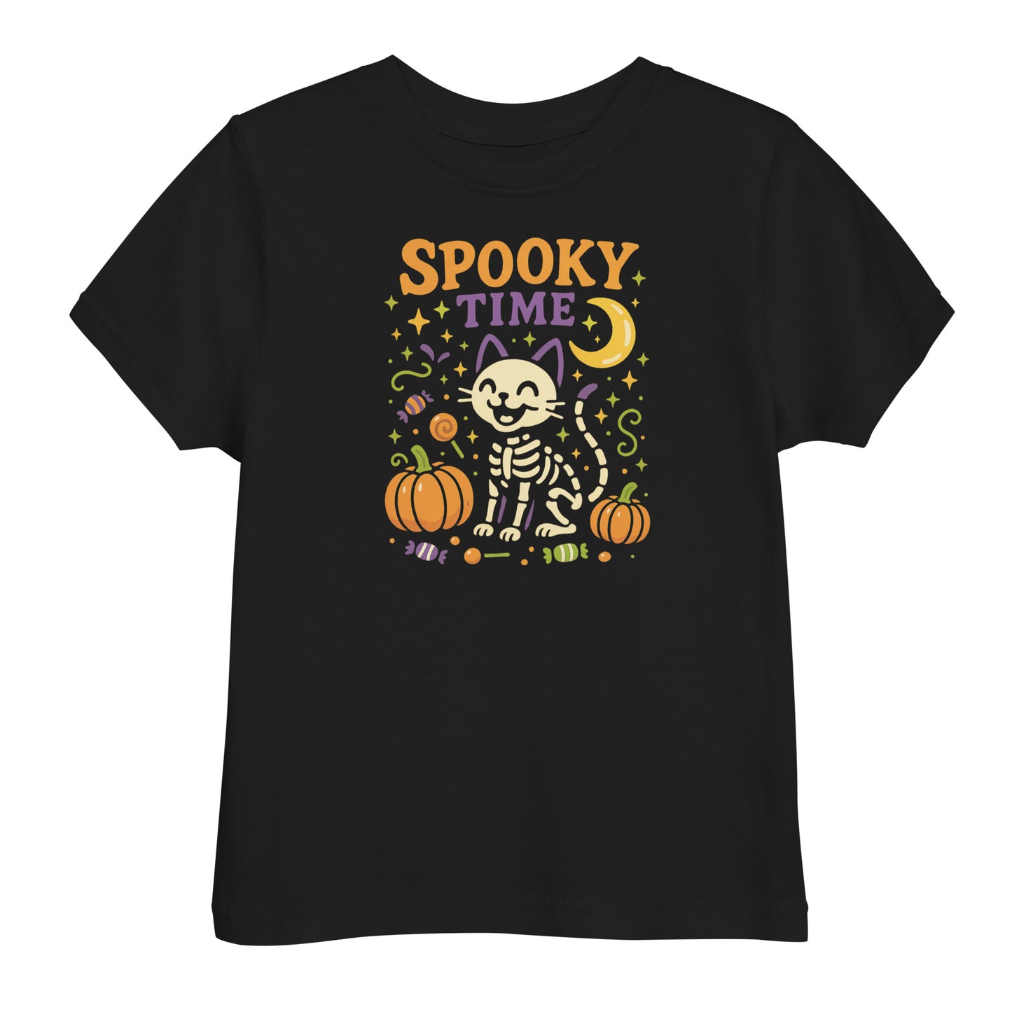 black shirt with the text "Spooky Time" and a skeleton cat next to pumpkins