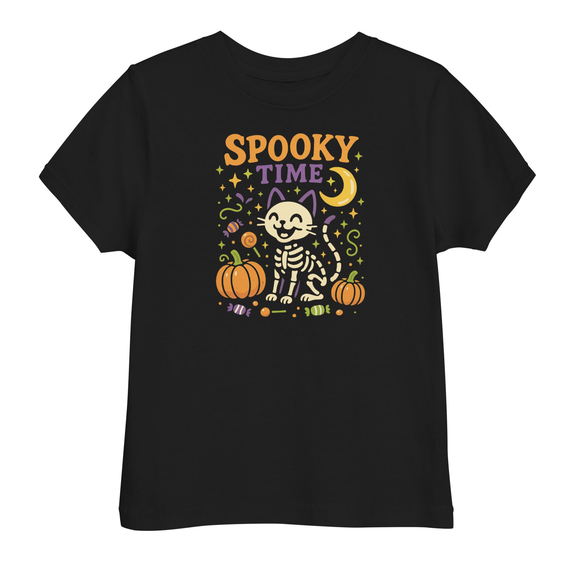 black shirt with the text "Spooky Time" and a skeleton cat next to pumpkins