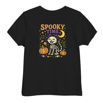 black shirt with the text "Spooky Time" and a skeleton cat next to pumpkins