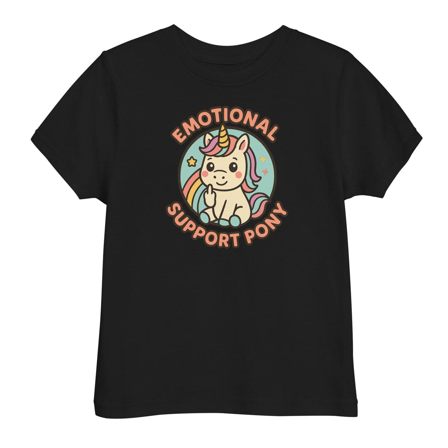 Black t-shirt with a colorful unicorn graphic and text on a white background