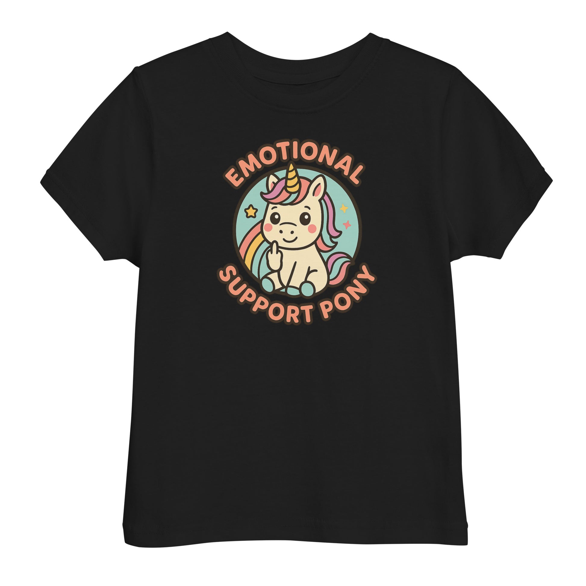 Black t-shirt with a colorful unicorn graphic and text on a white background