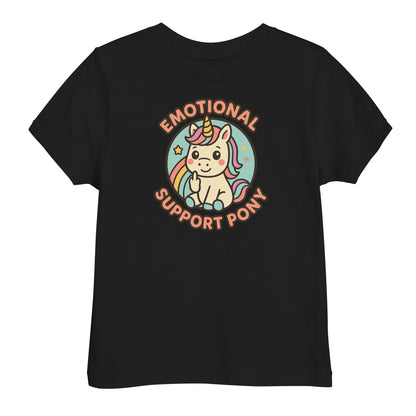 Black t-shirt with a colorful unicorn graphic and text on a white background