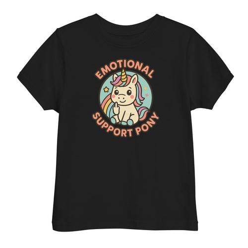 Black t-shirt with a colorful unicorn graphic and text on a white background