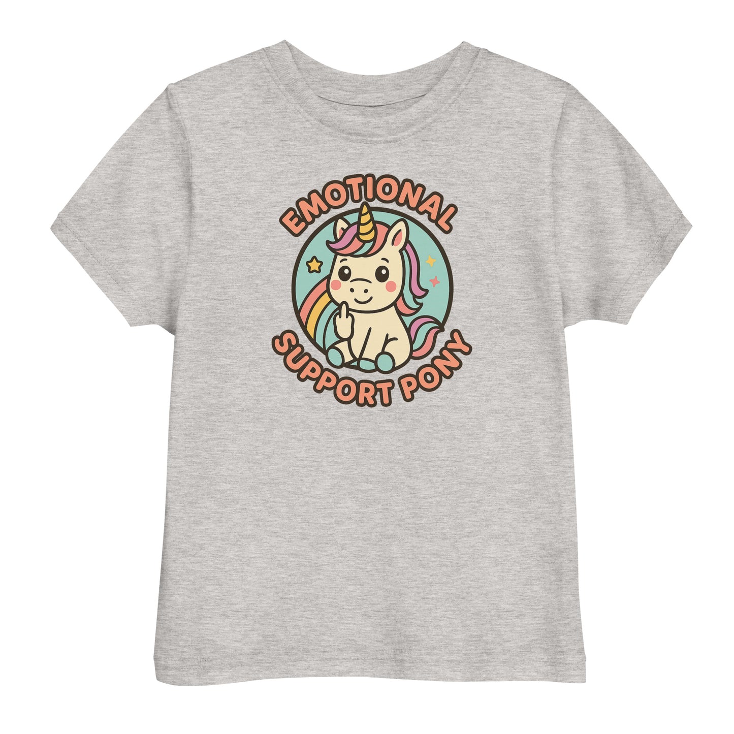 Gray t-shirt with a unicorn graphic and text 'Emotional Support Pony' on a white background