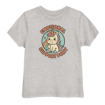 Gray t-shirt with a unicorn graphic and text 'Emotional Support Pony' on a white background