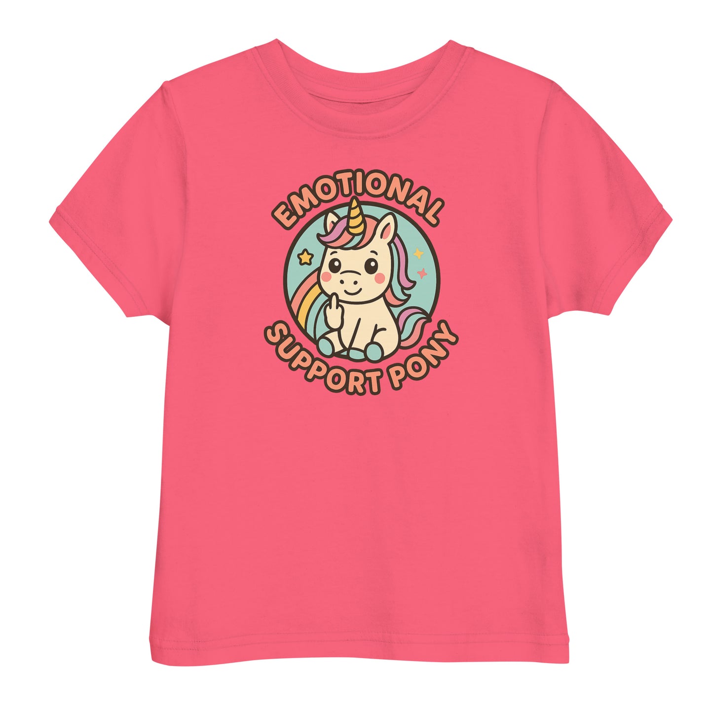 Pink t-shirt with a unicorn graphic and text on a white background