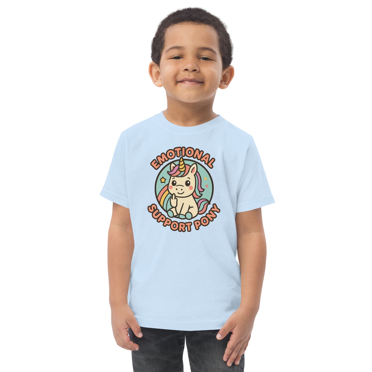 Child wearing a light blue t-shirt with a colorful graphic and text on a white background