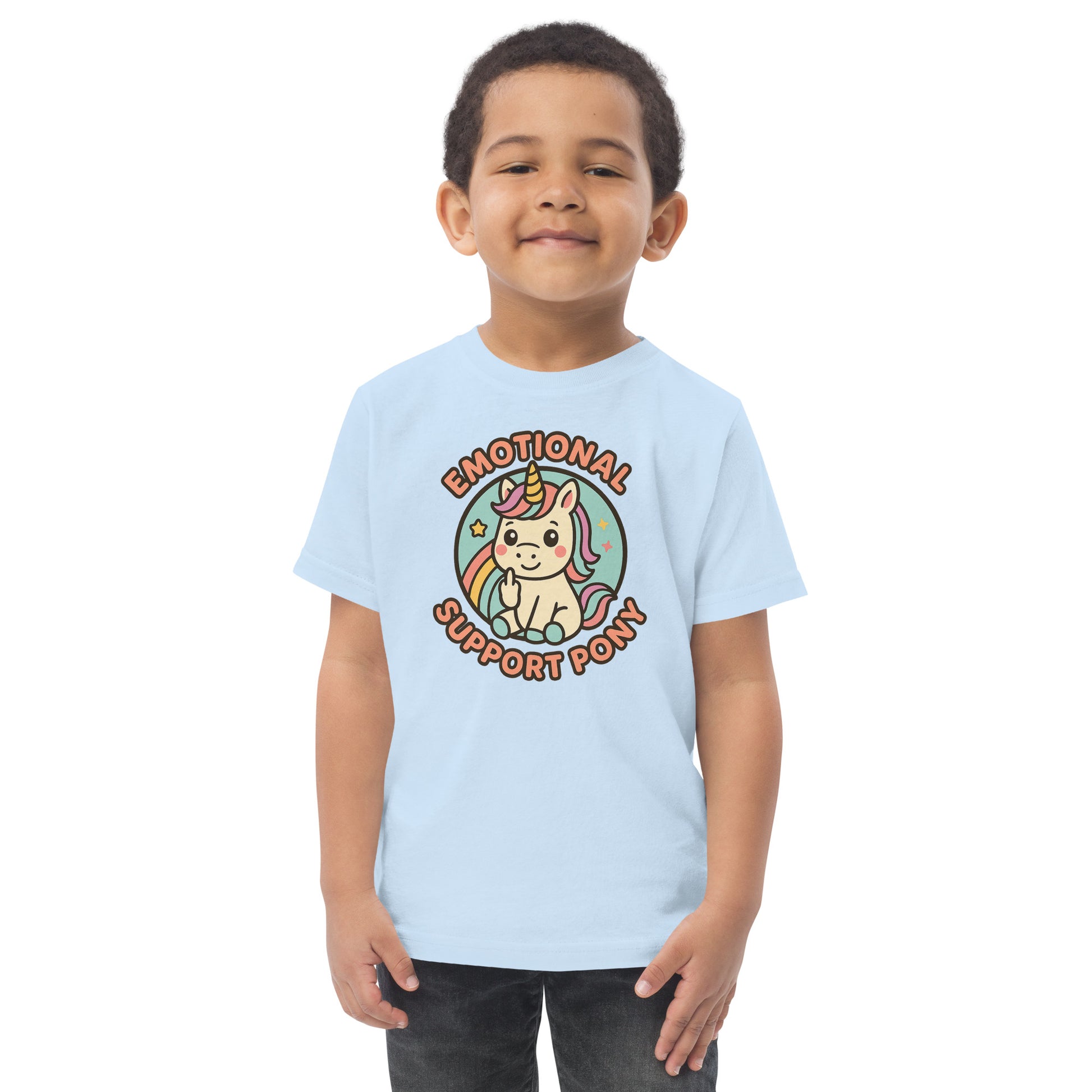 Child wearing a light blue t-shirt with a colorful graphic and text on a white background