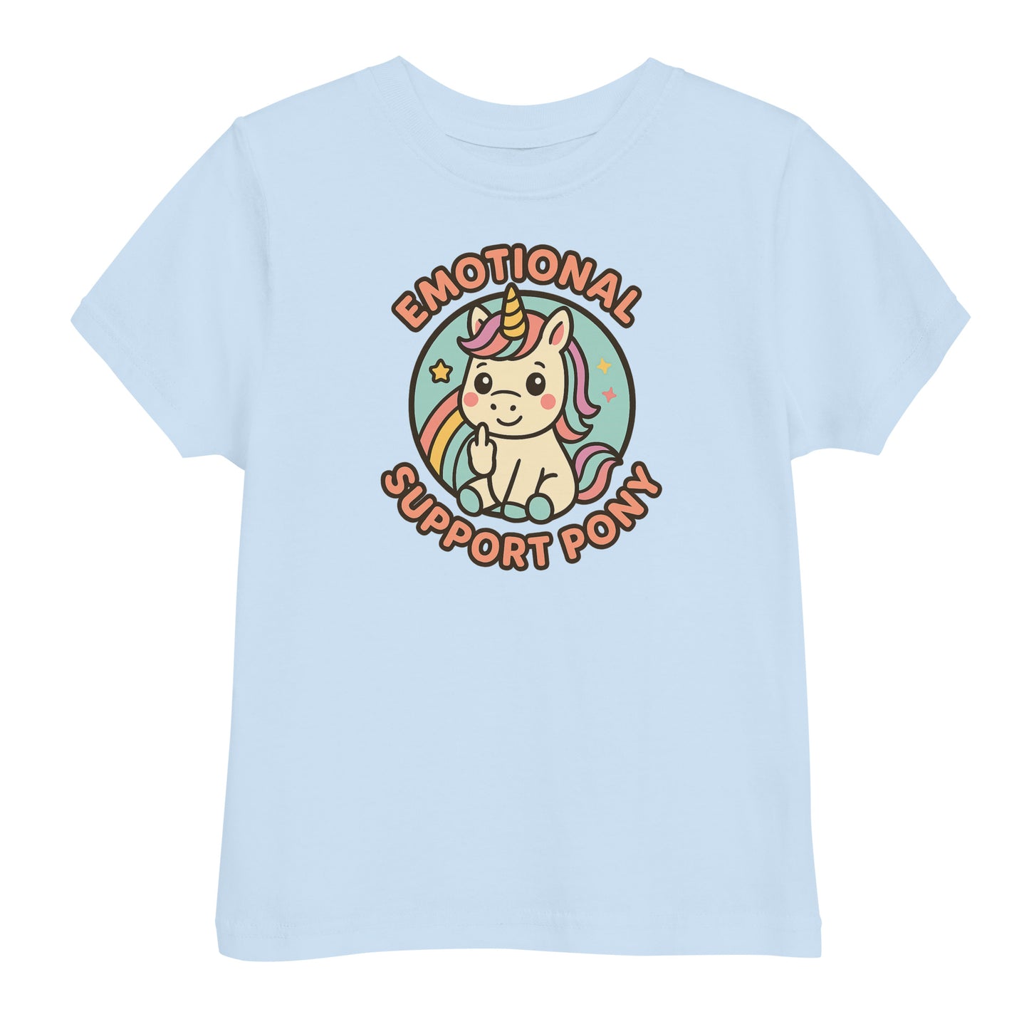 Light blue t-shirt with a unicorn graphic and text 'Emotional Support Pony' on a white background