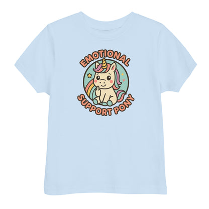 Light blue t-shirt with a unicorn graphic and text 'Emotional Support Pony' on a white background