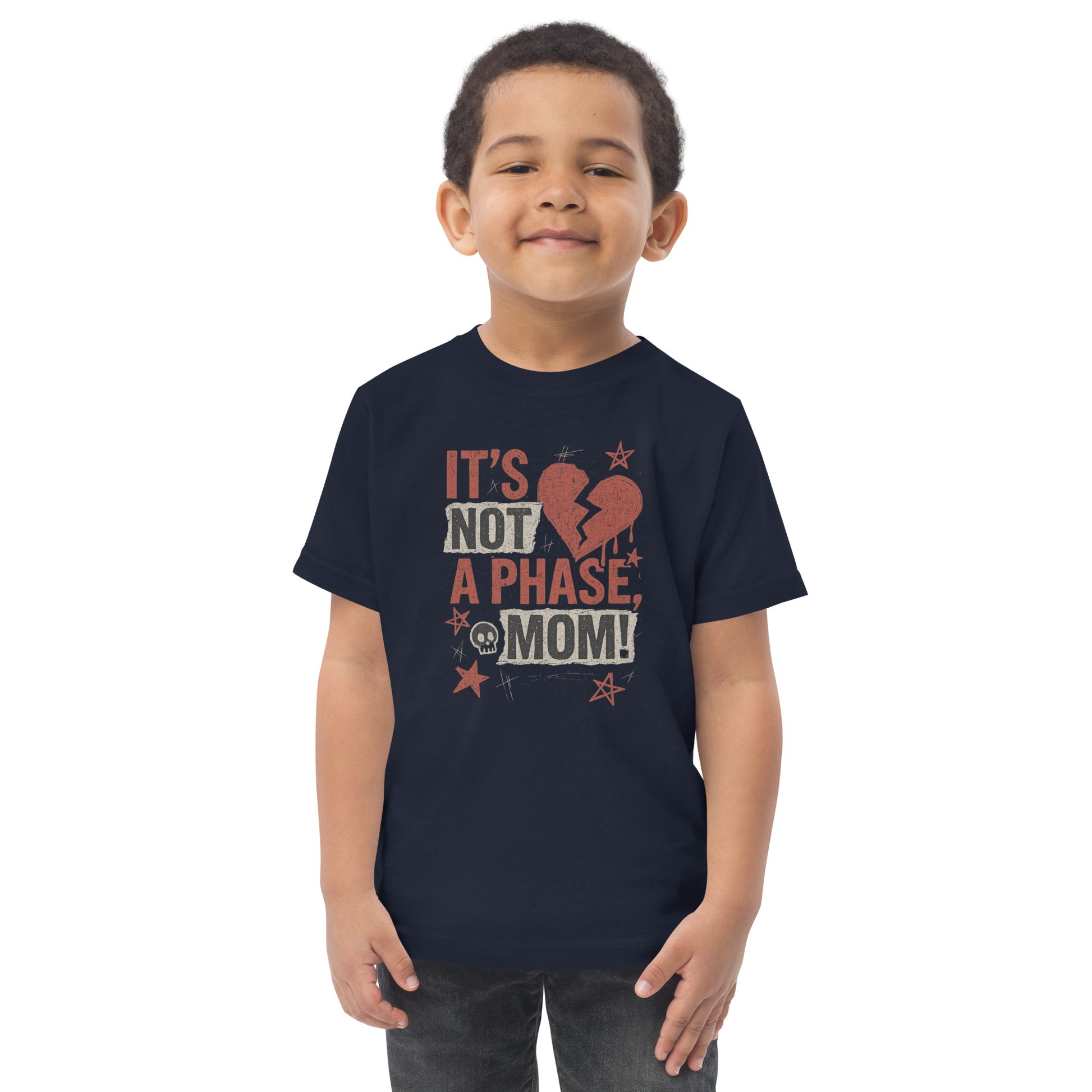 Child wearing a black t-shirt with a graphic and text on a white background