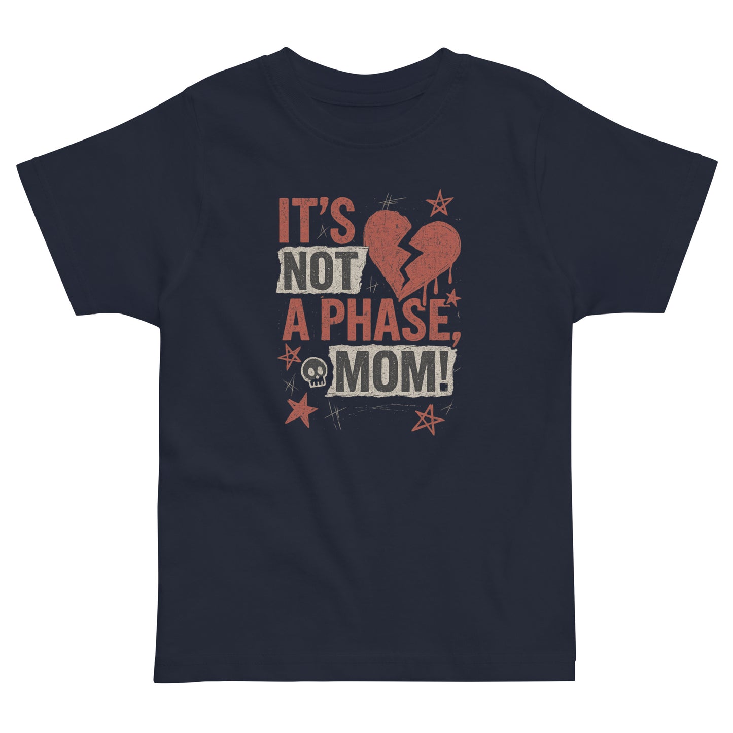 Navy blue t-shirt with a graphic design and text on a white background