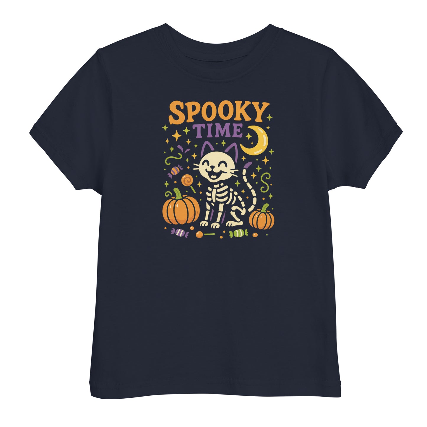 navy blueshirt with the text "Spooky Time" and a skeleton cat next to pumpkins