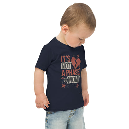 Child wearing a navy blue t-shirt with text on a white background
