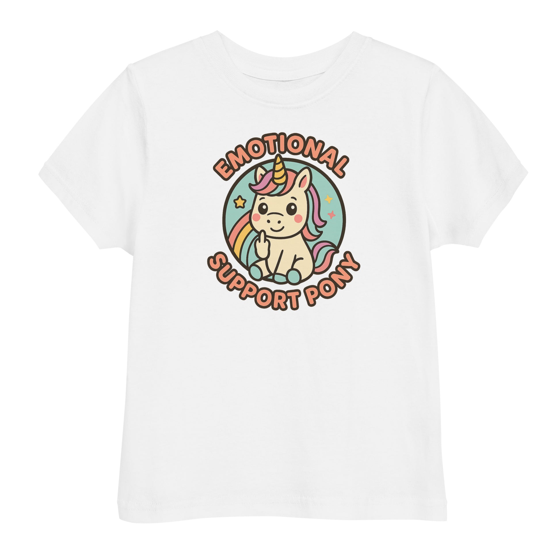 White t-shirt with a colorful unicorn graphic and text on a white background