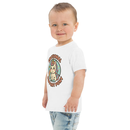 Child wearing a white t-shirt with a graphic design on a white background