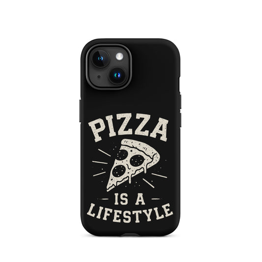 Black phone case with 'Pizza is a Lifestyle' text and pizza slice graphic on a white background